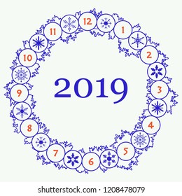 Christmas wreath with fir branches and snowflakes. New year and christmas symbols. Happy New Year 2019 card.