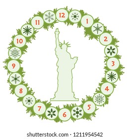 Christmas wreath with fir branches, snowflakes and famous statue. Happy New Year 2019, Christmas card.