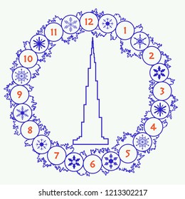 Christmas wreath with fir branches, snowflakes and famous tower. New year and christmas symbols. Happy New Year 2019, Christmas card.