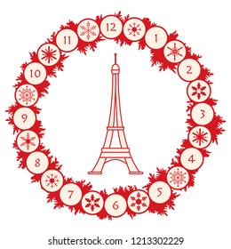 Christmas wreath with fir branches, snowflakes and famous tower. New year and christmas symbols. Happy New Year 2019, Christmas card.
