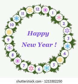 Christmas wreath with fir branches and snowflakes. New year and christmas symbols. Happy New Year 2019 card.
