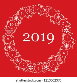 Christmas wreath with fir branches and snowflakes. New year and christmas symbols. Happy New Year 2019 card.