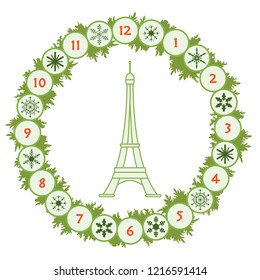 Christmas wreath with fir branches, snowflakes and famous tower. New year and christmas symbols. Happy New Year 2019, Christmas card.