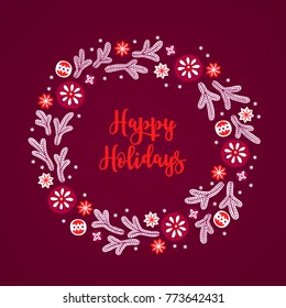 Christmas wreath with fir branches, snowflakes, balls and stars on dark background. Perfect for holiday greeting cards