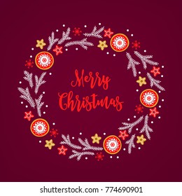 Christmas wreath with fir branches, snowflakes, balls and stars on dark red background. Perfect for holiday greeting cards