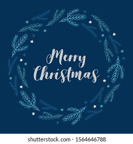 Christmas wreath with fir branches and stars on navy blue background. Perfect for greeting cards, holiday invitations. 