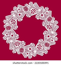 Christmas wreath of fir branches with Christmas toys. Template for laser cutting of paper, wood, metal. For Christmas and New Year decor, Christmas decorations, stencils, silk screen printing, postcar