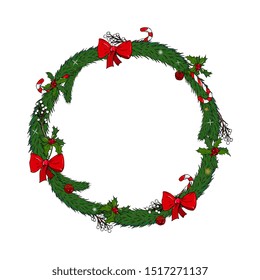 Christmas wreath of fir branches with traditional symbols of the New Year and Christmas.Christmas sweet cane, bow,mistletoe poinsettia. greeting cards, invitations, banners