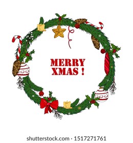 Christmas wreath of fir branches with traditional symbols of the New Year and Christmas.Christmas balls,candles,sweet cane, bells,mistletoe poinsettia. greeting cards, invitations, banners