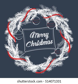 Christmas wreath of fir branches. Wishes for Merry Christmas. Vector elements.