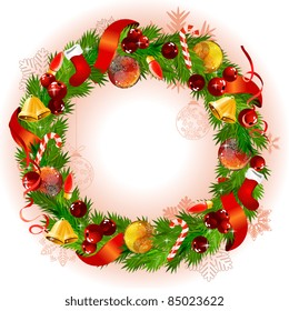 Christmas wreath with fir branches,ribbon,bells and balls