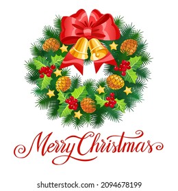 Christmas wreath, fir brunches, golden bells, holly berries, holiday vector illustration on white background.