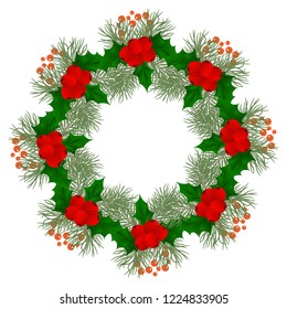 Christmas wreath with fir tree Wreath with berries and flowers, poinsettia and decorative elements. Design element for Christmas decoration. Vector illustration