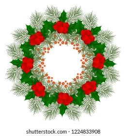 Christmas wreath with fir tree Wreath with berries and flowers, poinsettia and decorative elements. Design element for Christmas decoration. Vector illustration