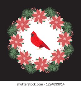 Christmas wreath with fir tree Wreath with berries and flowers, poinsettia and decorative elements. Design element for Christmas decoration. Vector illustration