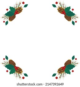 Christmas wreath of fir tree branches with golden cones, holly leaves and berries, pine needles. Festive decoration for New Year and interior decor