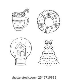 Christmas wreath and fir tree, hot chocolate and glass ball. Vector illustration of doodle icons.