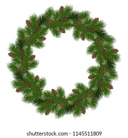 Christmas wreath with fir tree, pine cones and decorative elements. Design element for Christmas decoration. Vector illustration