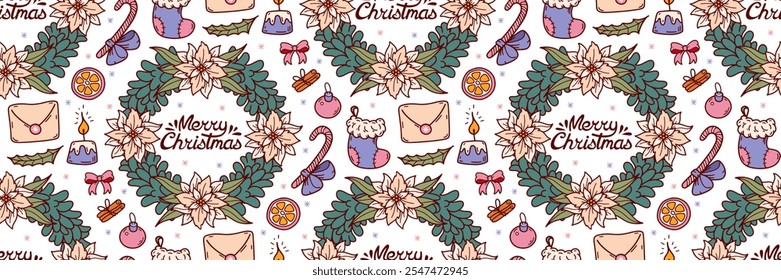 Christmas wreath with fir twigs and white poinsettia pattern. Festive winter background. Candle, envelope, stocking, candy cane and lettering doodle Vector illustration. For wrapping paper, packaging.