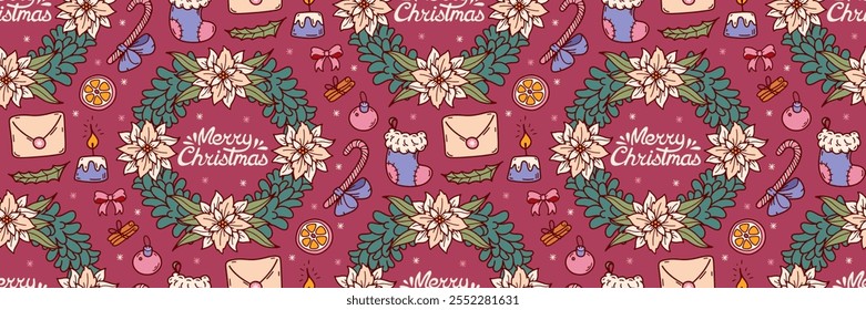 Christmas wreath with fir twigs and white poinsettia pattern. Festive winter red background. Candle, envelope, stocking and lettering doodle Vector illustration. For wrapping paper, packaging.