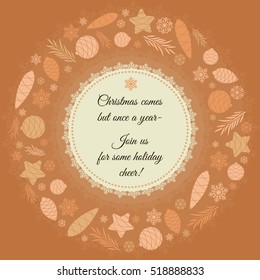 Christmas wreath of fir-tree toys. On New Year's wishes in the center. Christmas card.