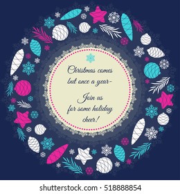 Christmas wreath of fir-tree toys. On New Year's wishes in the center. Christmas card.