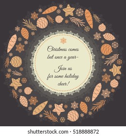 Christmas wreath of fir-tree toys. On New Year's wishes in the center. Christmas card.