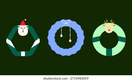 Christmas Wreath Flat Icon Set – Minimal Vector of Festive Holiday Decorations, Santa, and Reindeer