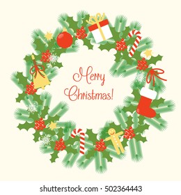 Christmas wreath, flat illustration with pine branches, present, bell, ginger man, mistletoe, ball, stars and snowflakes