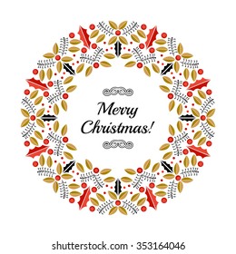 Christmas wreath Flat leaves holly plant circle ornament, abstract christmas red berries