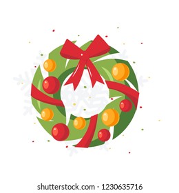 Christmas wreath in flat style. Vector holiday ornaments.