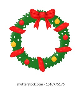 Christmas wreath flat vector illustration. New year decoration symbol isolated clipart on white background. Traditional winter garland with balls and red ribbon on green branches. Seasonal ornament