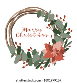 Christmas wreath with floral elements. Eco winter decoration for the door. Vector flat cartoon illustration, isolated on white background. Perfect for greeting cards, invitation, wrapping paper, tags