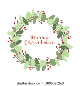 Christmas wreath with floral elements. Eco winter decoration for the door. Vector flat cartoon illustration, isolated on white background. Perfect for greeting cards, invitation, wrapping paper, tags