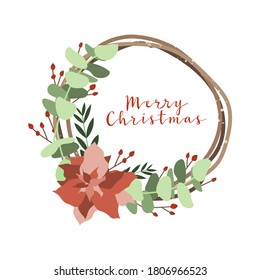 Christmas wreath with floral elements. Eco winter decoration for the door. Vector flat cartoon illustration, isolated on white background. Perfect for greeting cards, invitation, wrapping paper, tags
