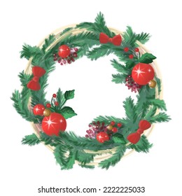 Christmas wreath with floral elements and holiday toys.