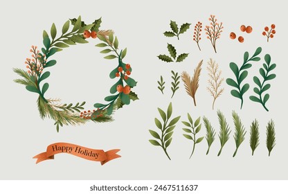 Christmas wreath with floral, fir branch, berries decoration