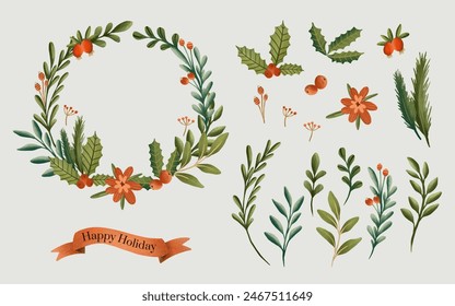 Christmas wreath with floral, fir branch, berries decoration
