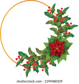 Christmas Wreath Flower Frame vector Illustration with colorful poinsettia flowers.Golden round frame with flowers.
Elements of design of holiday postcards, posters, banners.Wedding ornament concept.