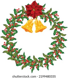 Christmas Wreath Flower Frame vector Illustration with colorful poinsettia flowers.Golden round frame with flowers.
Elements of design of holiday postcards, posters, banners.Wedding ornament concept.