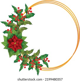 Christmas Wreath Flower Frame vector Illustration with colorful poinsettia flowers.Golden round frame with flowers.
Elements of design of holiday postcards, posters, banners.Wedding ornament concept.