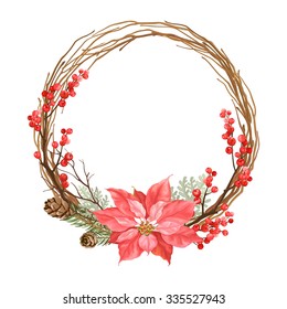 Christmas wreath with flower Poinsettia, dry branches, winter red berries and pine cones.