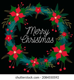 Christmas wreath of flowers and branches, on a black background. Happy New Year and Merry Christmas.