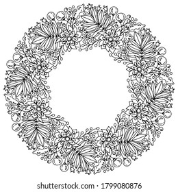 christmas wreath with flowers and leaves with ornaments drawn on a white background for coloring, vector
