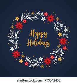 Christmas wreath with flowers, stars, snowflakes and branches on dark blue background. Perfect for holiday greeting cards