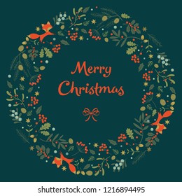 Christmas wreath with fox, oak leaves, berries. Vector illustration.