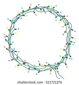 Christmas wreath or frame of colorful garland with glowing bright lights on a white background. Isolated. Hand drawn vector illustration.