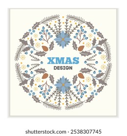Christmas wreath frame design template. Abstract winter floral ethnic Xmas design. Holly backgrounds with fir tree. Best for package, invitations, decoration and banners.