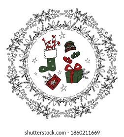 Christmas wreath frame and doodle elements symbolizing Christmas and New Year to create fancy cards, invitations, prints, and more. Vector festive frame.