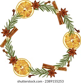 Christmas wreath, frame with dried orange, rosemary, cinnamon, anise and cloves. Aroma decoration. Cozy decor. Stock vector illustration on a white background.